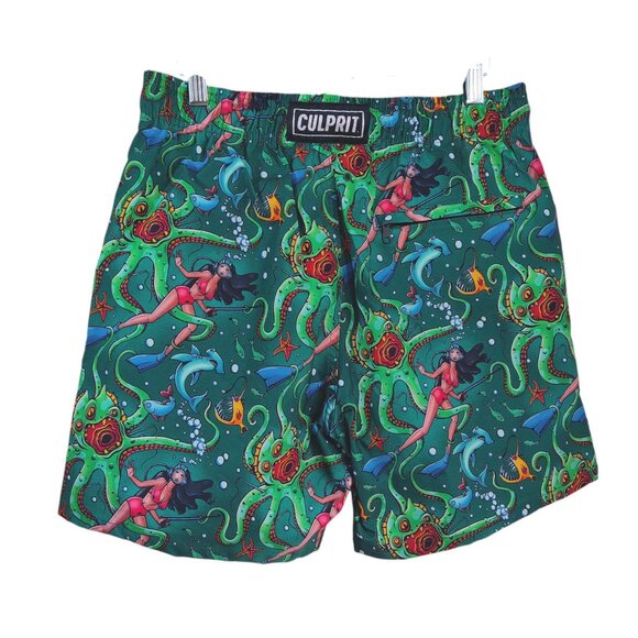 CULPRIT Get It Green Kraken Tattoo Style Print Mens Swim Trunks Board Shorts M - Picture 2 of 11